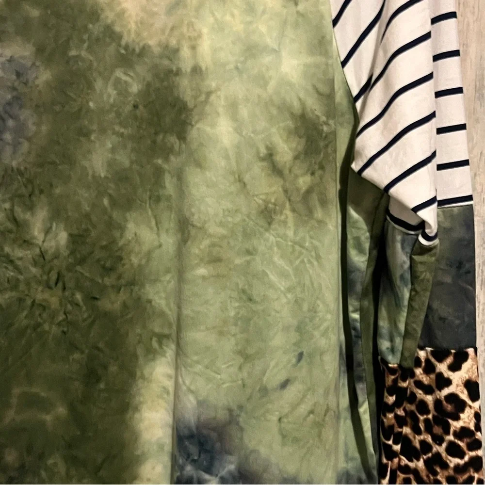 REB. In J. Brand Baseball Style Green Tie-Dye and Leopard Print Long Sleeve Top